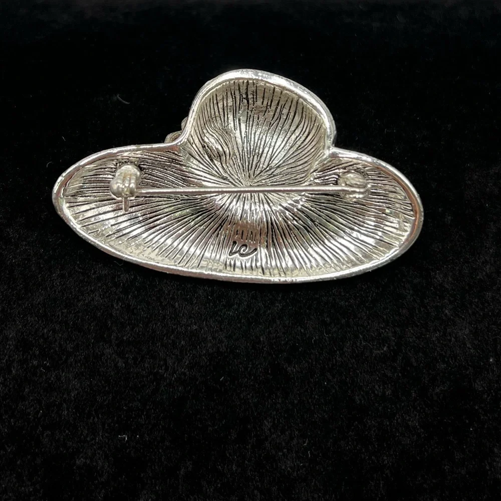 Liz Claiborne Vintage Hat Brooch Silver Tone Peach Orange Burgundy Enamel